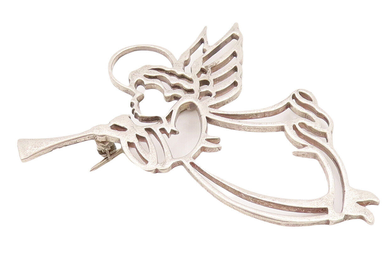 925 Sterling Silver Vintage Brooch Pin Angel Playing Music Stencil  BP10895