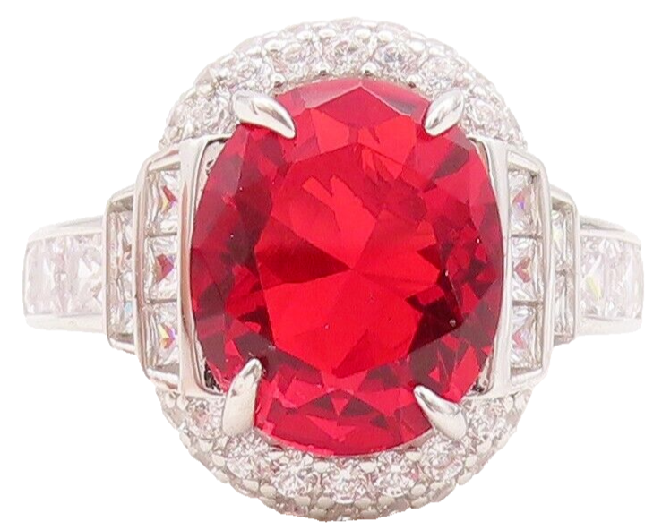 925 Sterling Silver Vintage Ring Oval Cut Red Halo White CZ  Sz 7  RG29790