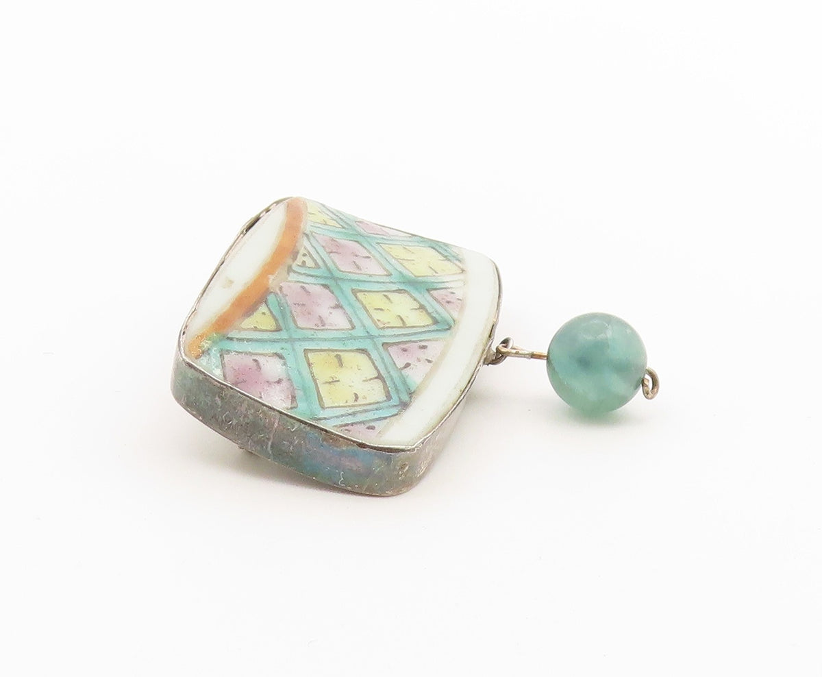 925 Sterling Silver Vintage Brooch Pin Antique Jade Porcelain Lattice  BP12651