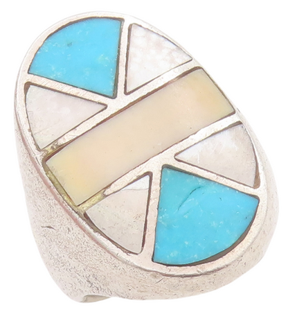 925 Sterling Silver Vintage Ring NAVAJO ZUNI Large Gemstones Inlay Sz 10 RG28895
