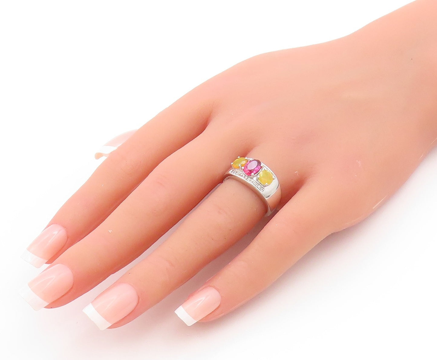 925 Sterling Silver Vintage Ring Three Stone Gemstone Accent Band  Sz 6  RG33622