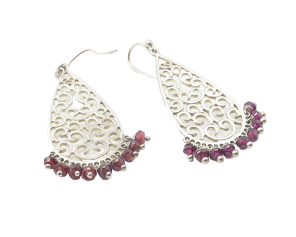 925 Sterling Silver  Vintage Amethyst Beaded Open Swirl Drop Earrings  EG6209