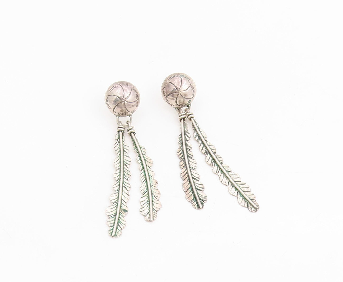 925 Sterling Silver Vintage Earrings SOUTHWESTERN Double Feather Dangle EG13731