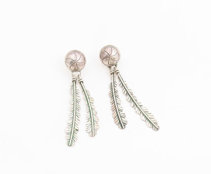 925 Sterling Silver Vintage Earrings SOUTHWESTERN Double Feather Dangle EG13731