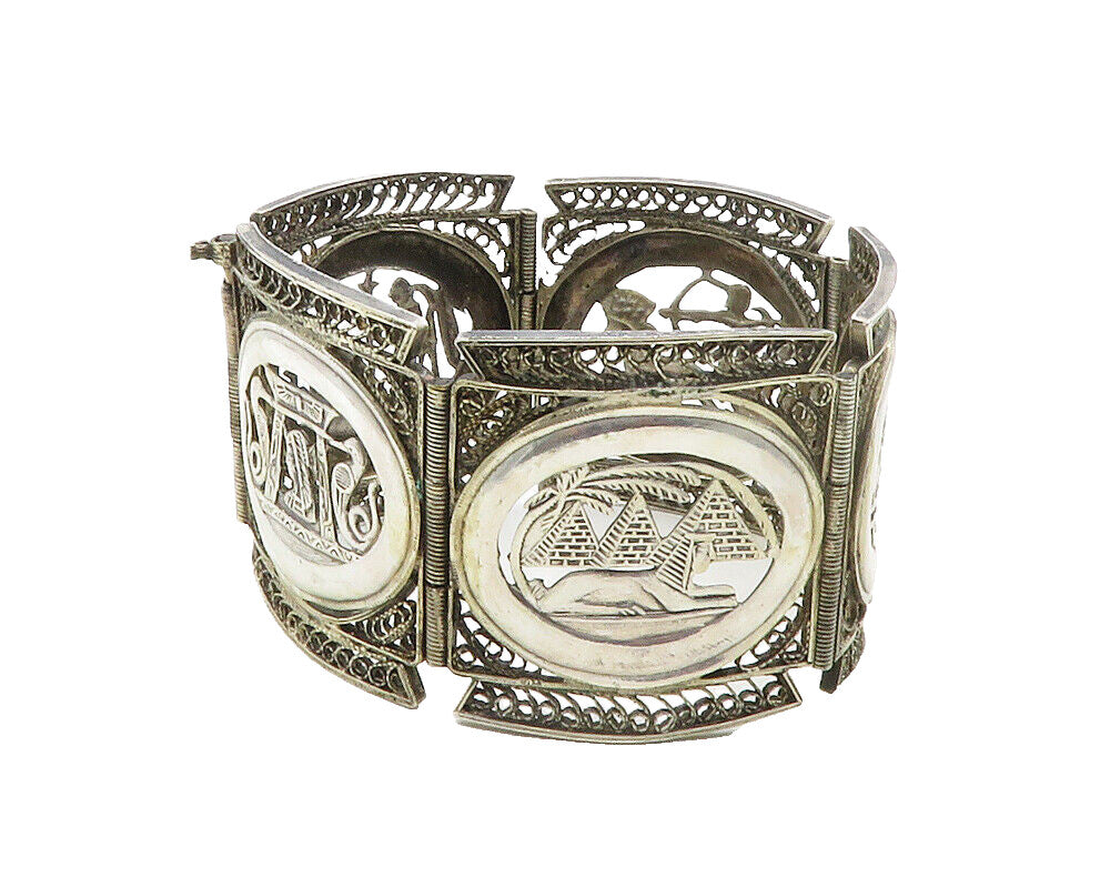 925 Sterling Silver  Vintage Antique Filigree Panel Chain Bracelet  BT4868