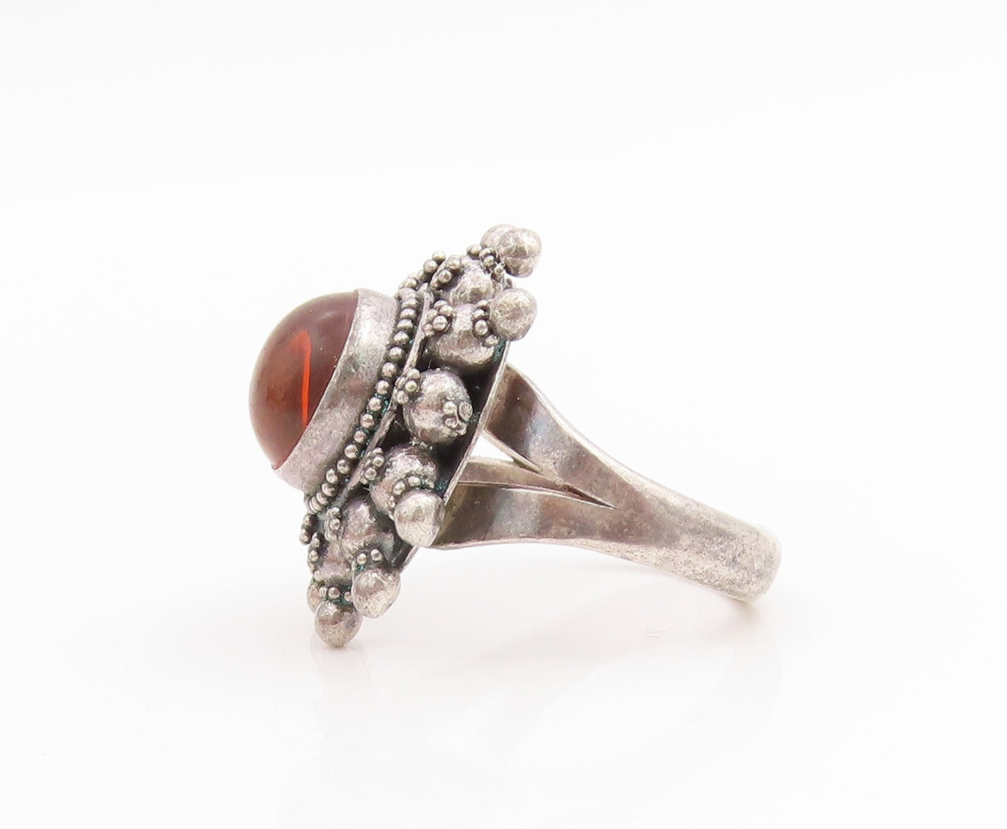 925 Sterling Silver Vintage Ring Round Cabochon Amber Floral Band  Sz 7  RG33799