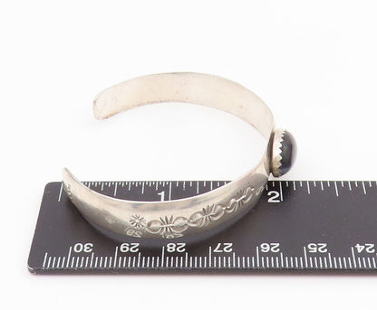 925 Sterling Silver Vintage Bracelet Oval Cabochon Cat Eye Etched Cuff  BT11635