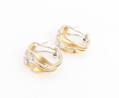 925 Sterling Silver Vintage Earrings Two Tone CZ Modernist Wavy Hoops  EG14040