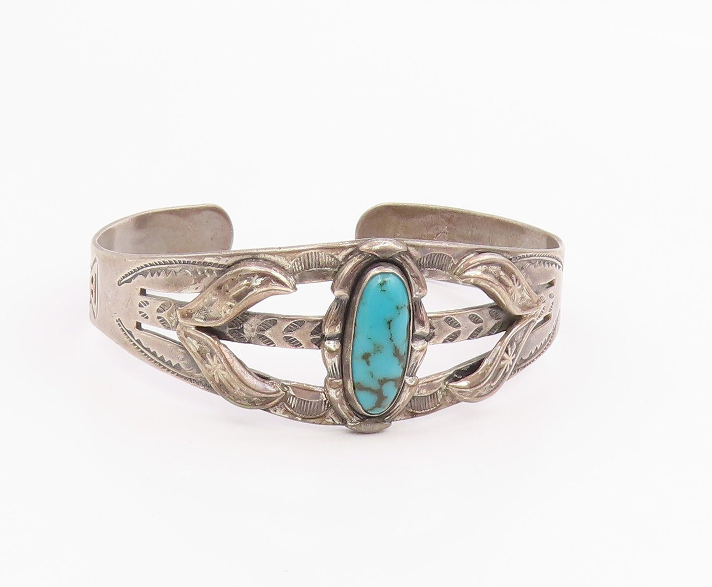 925 Sterling Silver Vintage Bracelet BELL NAVAJO Etched Turquoise Cuff  BT11966