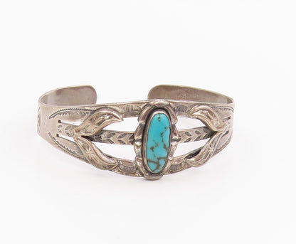 925 Sterling Silver Vintage Bracelet BELL NAVAJO Etched Turquoise Cuff  BT11966