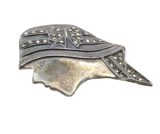 925 Sterling Silver  Vintage Marcasite Woman Face Profile Brooch Pin  BP4075
