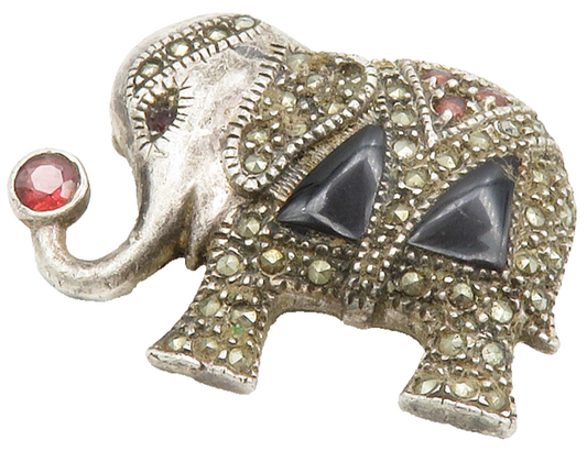 925 Silver  Vintage Black Onyx Marcasite & Garnet Elephant Brooch Pin  BP5113