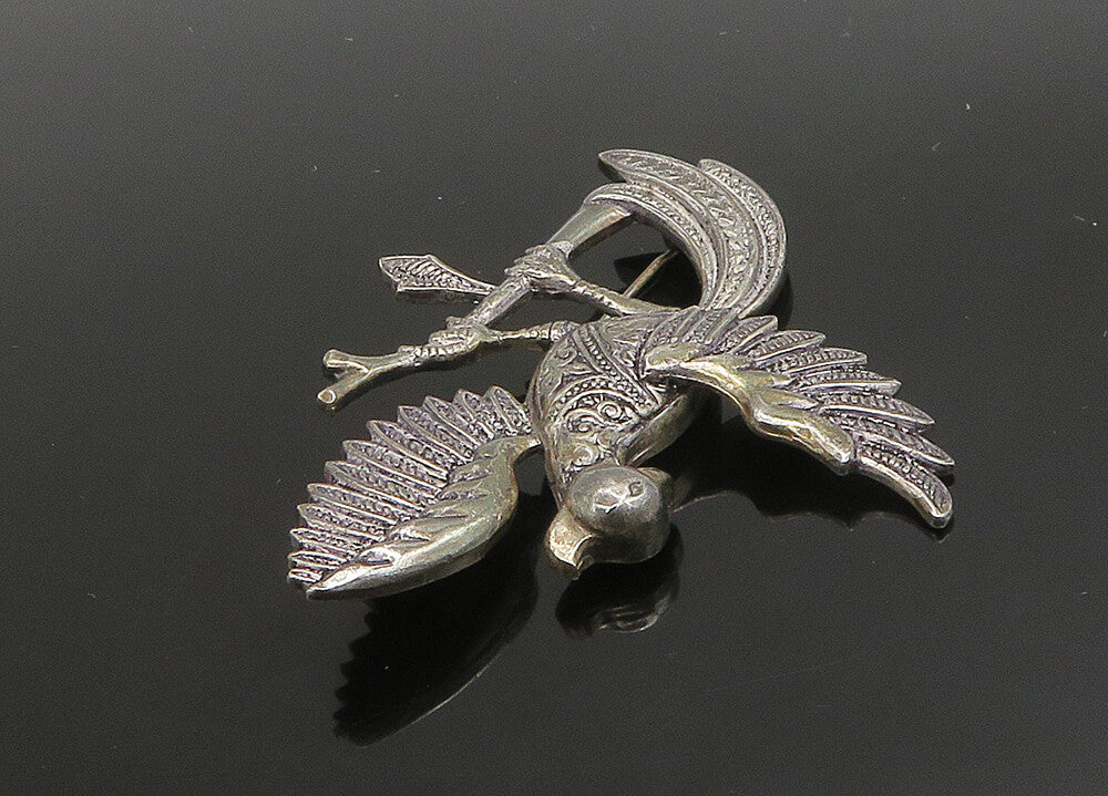 925 Sterling Silver  Vintage Dark Tone Perched Bird Motif Brooch Pin  BP9014