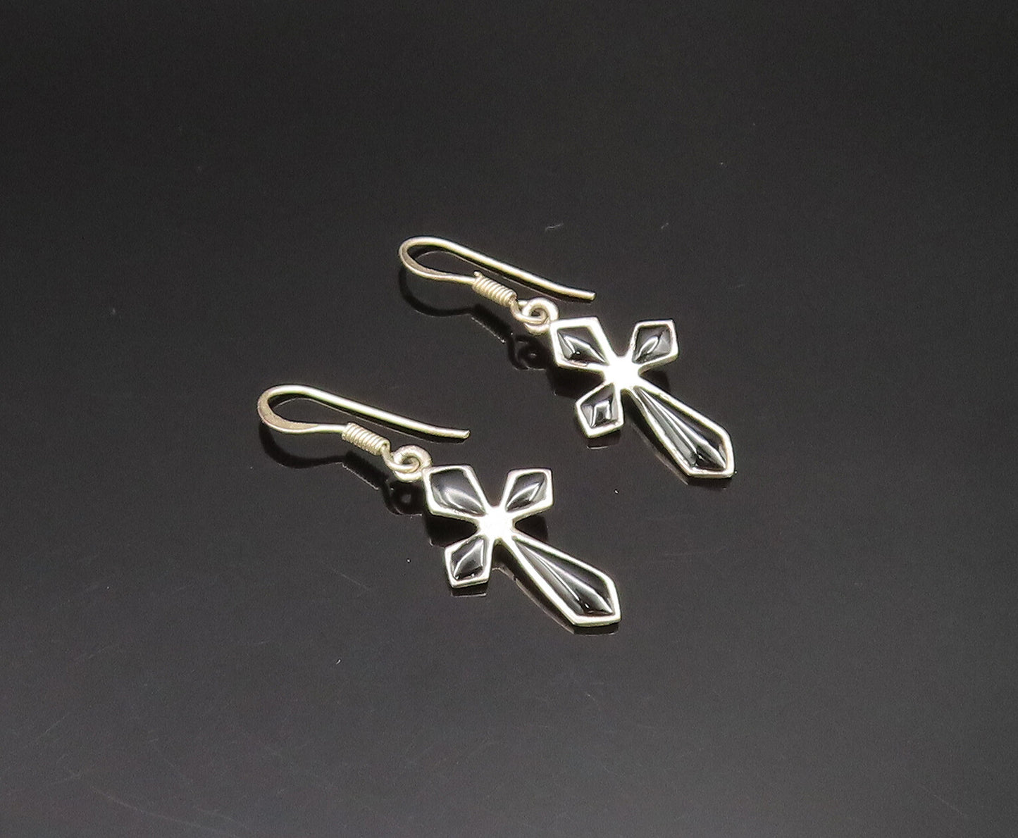 925 Sterling Silver  Vintage Black Onyx Religious Cross Earrings  EG11809