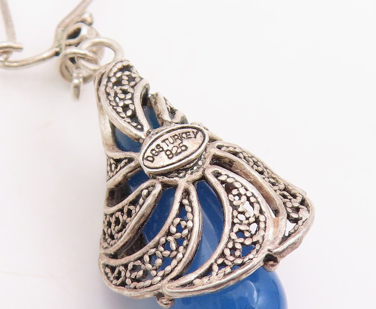 925 Sterling Silver Vintage Earrings Blue Beaded Bohemian Floral Dangle  EG13909