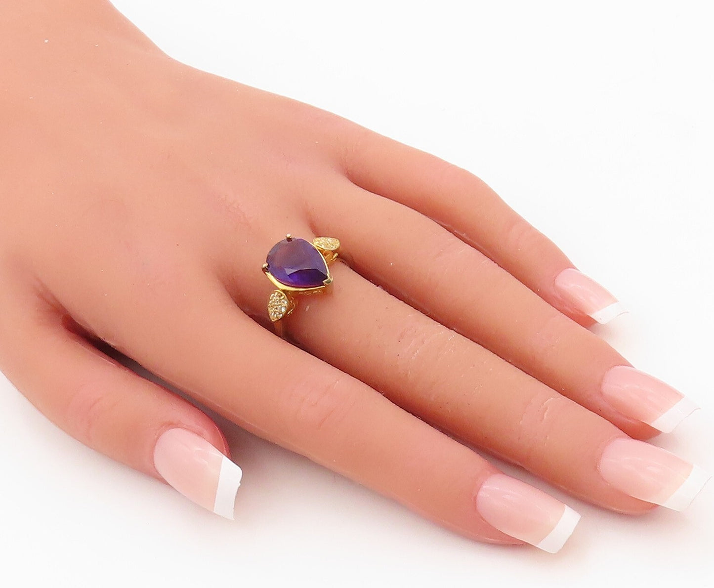 925 Sterling Silver Vintage Ring Gold Plated Drop Cut Amethyst & CZ Sz 8 RG30339