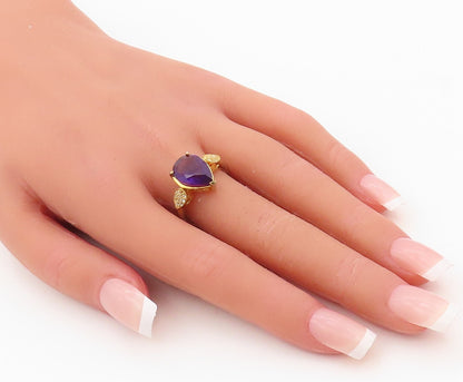 925 Sterling Silver Vintage Ring Gold Plated Drop Cut Amethyst & CZ Sz 8 RG30339