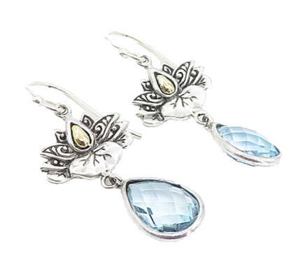925 Silver & 18K GOLD  Vintage Blue Topaz Two Tone Dangle Earrings  EG3071