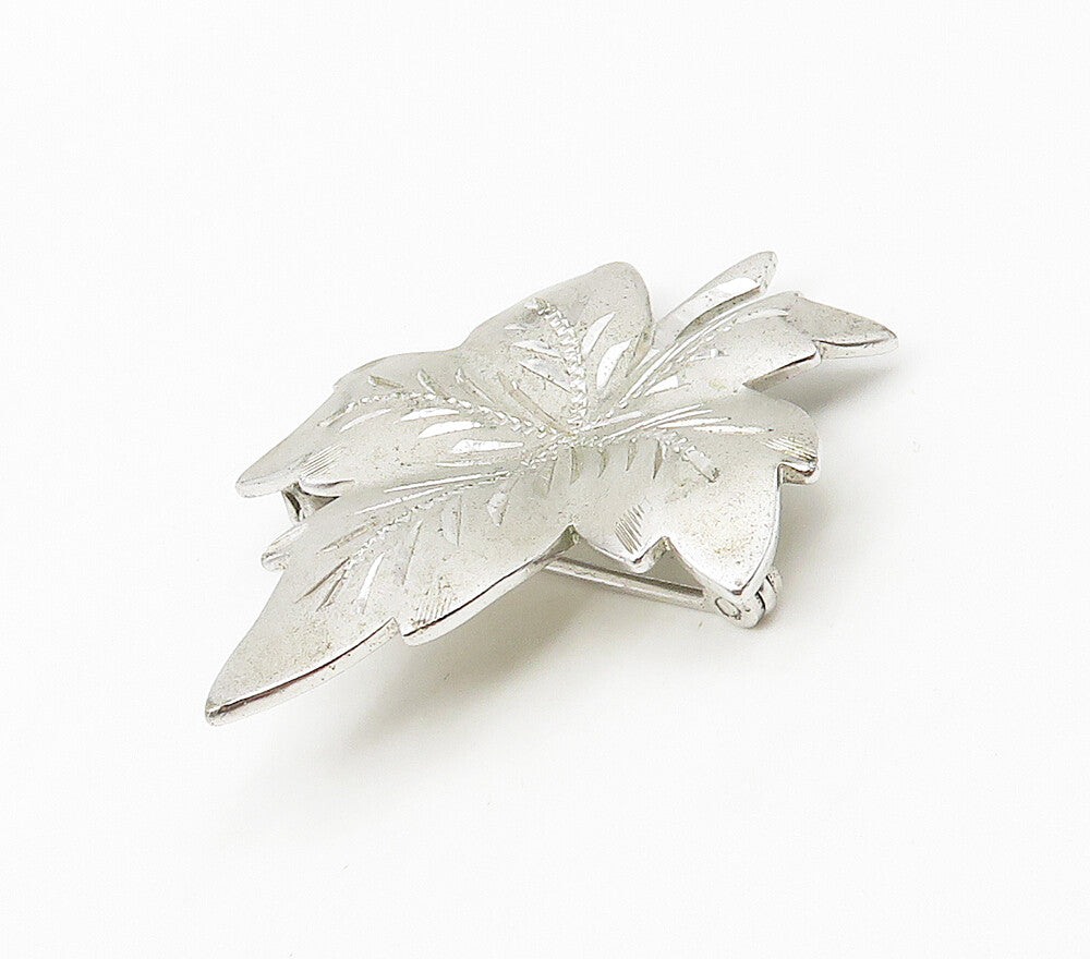 THEDA 925 Sterling Silver   Vintage Shiny Etched Floral Leaf Brooch Pin BP6624