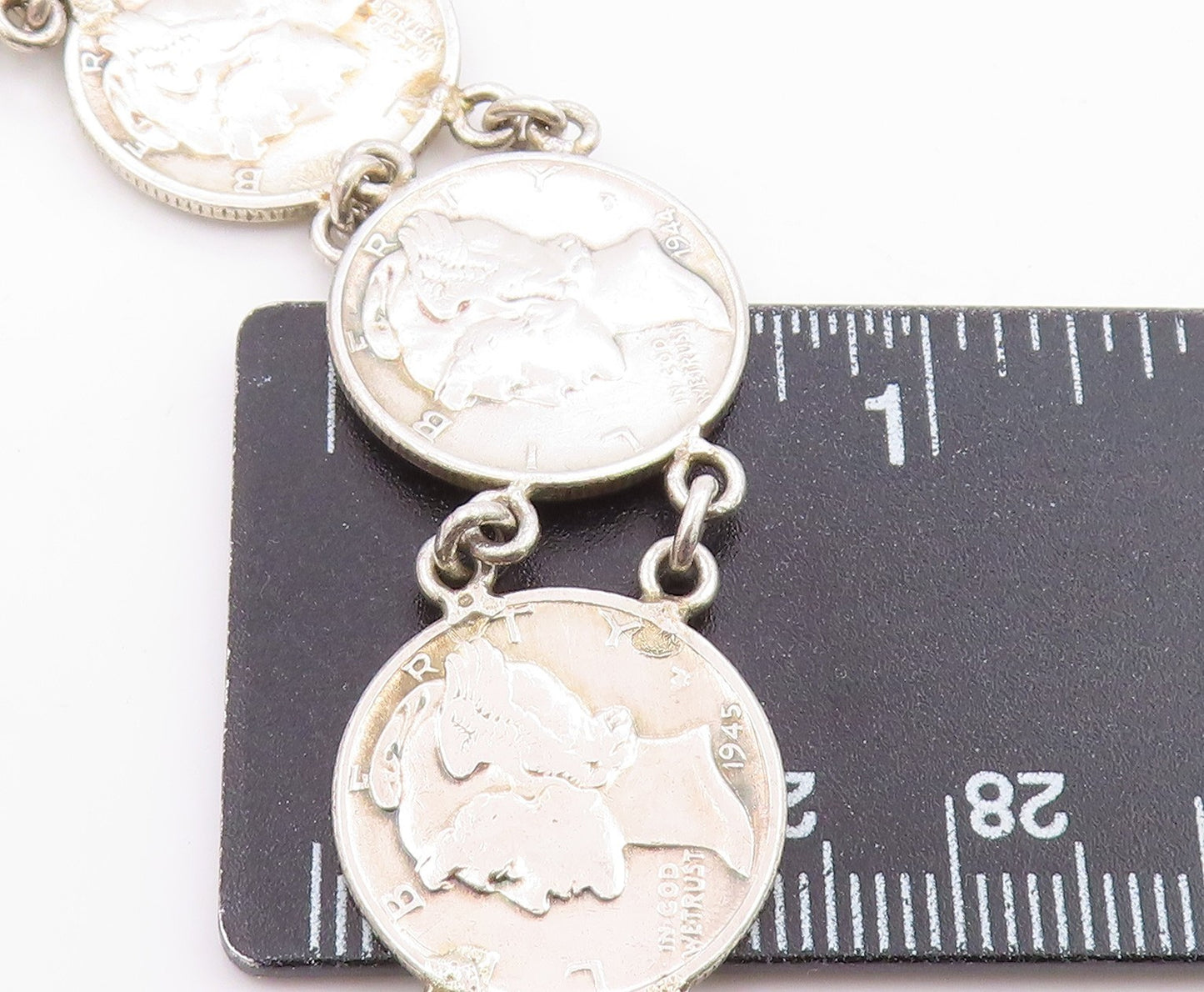 925 Sterling Silver Vintage Bracelet Modernist US One Dime Coin Link  BT12038