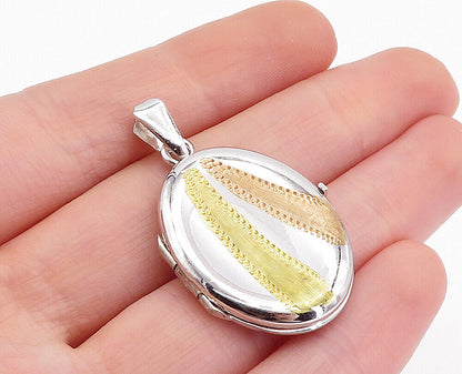 925 Sterling Silver  Vintage Shiny Three Tone Locket Pendant (OPENS)  PT3479