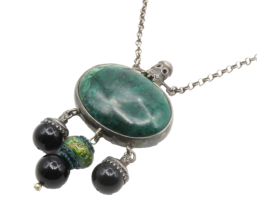 925 Sterling Silver  Vintage Hematite Chrysocolla & Onyx Chain Necklace NE2302