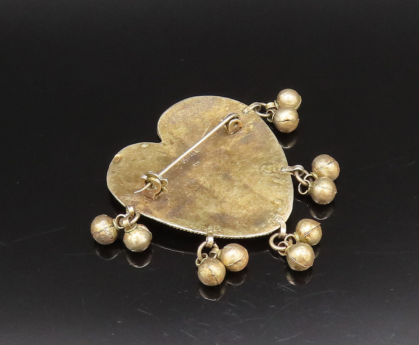 ISRAEL 925 Silver  Vintage Rope Twist & Bead Dangle Heart Brooch Pin  BP10084
