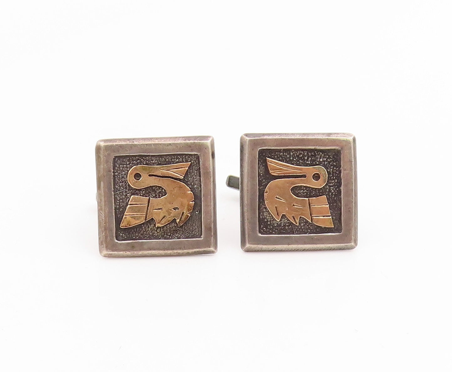 18k Gold & 925 Sterling Silver Vintage Cufflinks Peruvian Inca Bird Motif TR4236