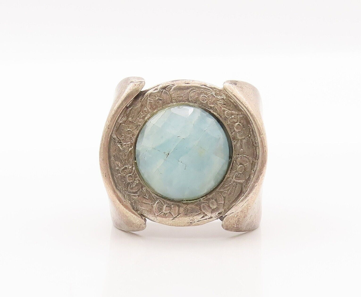 925 Sterling Silver Vintage Ring Designer Carved Round Gemstone  Sz 8  RG28293