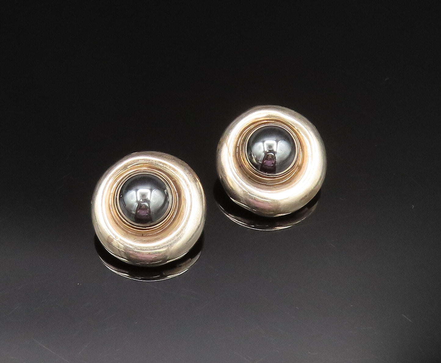 925 Silver  Vintage Cabochon Hematite Round Non Pierced Earrings  EG11921