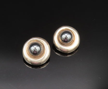 925 Silver  Vintage Cabochon Hematite Round Non Pierced Earrings  EG11921