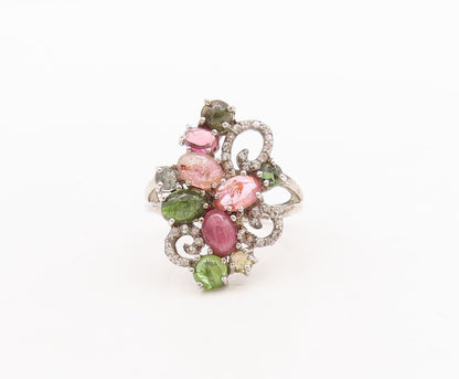 925 Sterling Silver Vintage Ring Diamonds & Gemstones Swirly Carved Sz 7 RG29349