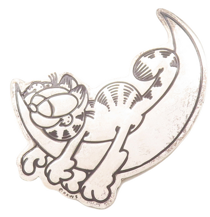 925 Sterling Silver Vintage Brooch Pin MEXICO Etched Lazy Cartoon Cat  BP11061