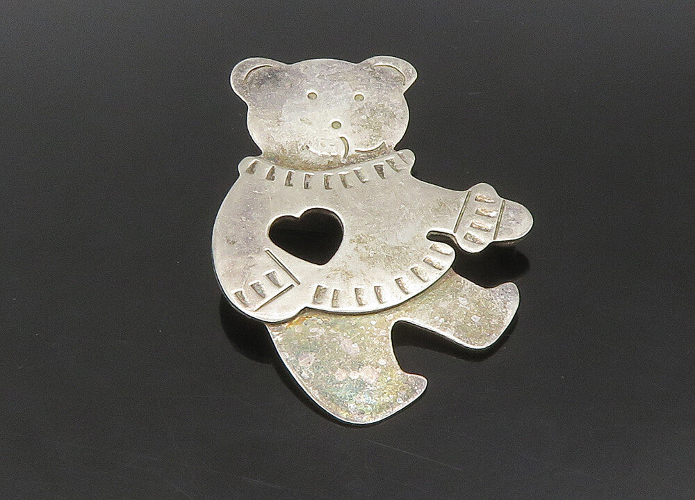 MEXICO 925 Silver  Vintage Teddy Bear Love Heart Sweater Brooch Pin  BP8984
