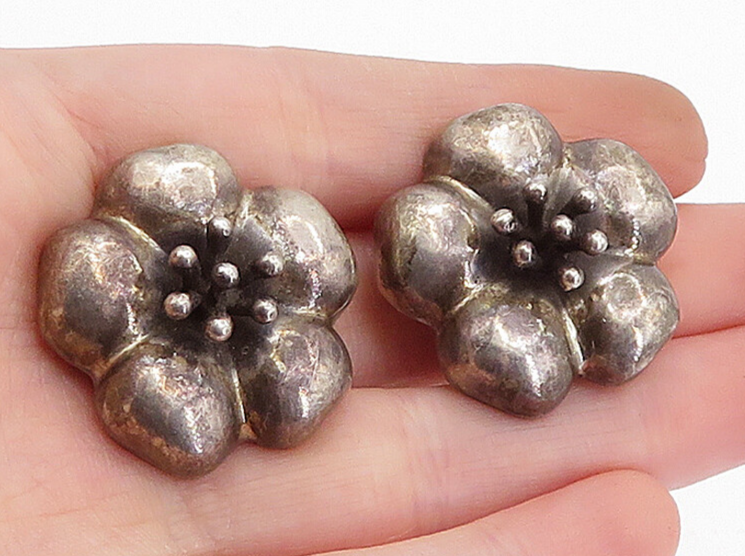 MEXICO 925 Silver  Vintage Dark Tone Flower Motif Non Pierce Earrings  EG2230