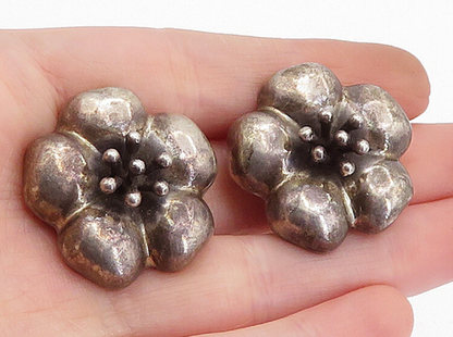 MEXICO 925 Silver  Vintage Dark Tone Flower Motif Non Pierce Earrings  EG2230