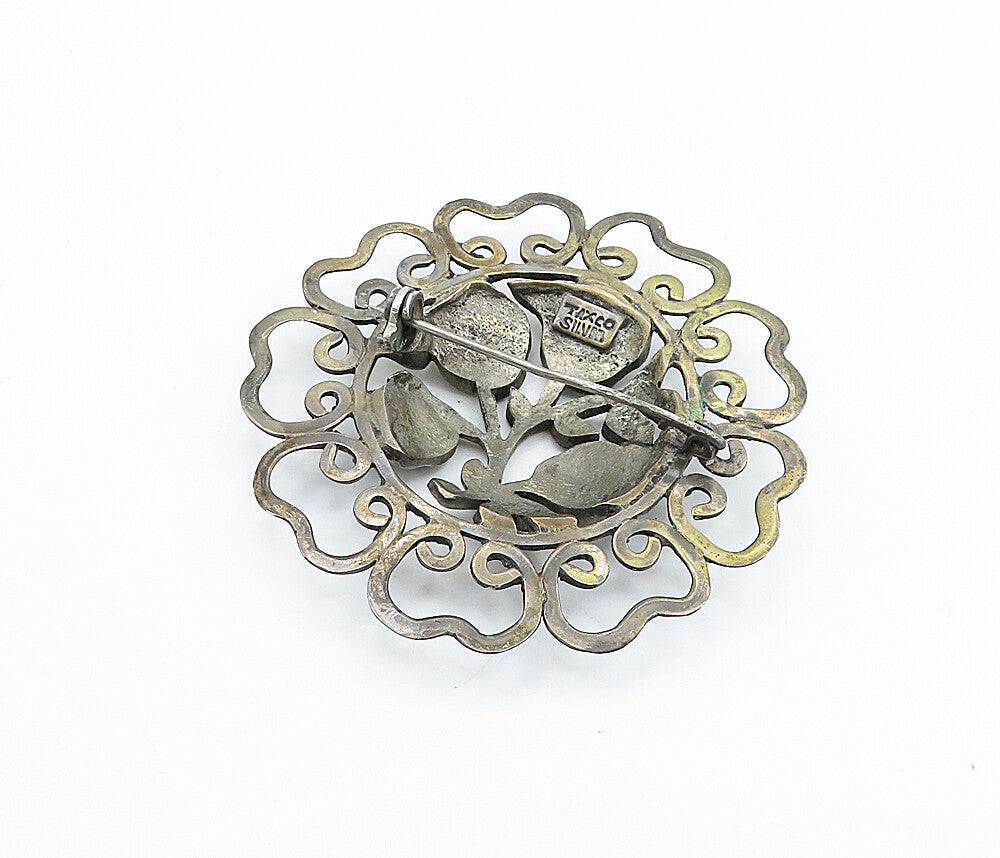 MEXICO 925 Silver  Vintage Antique Turquoise Swirl Border Brooch Pin  BP2155