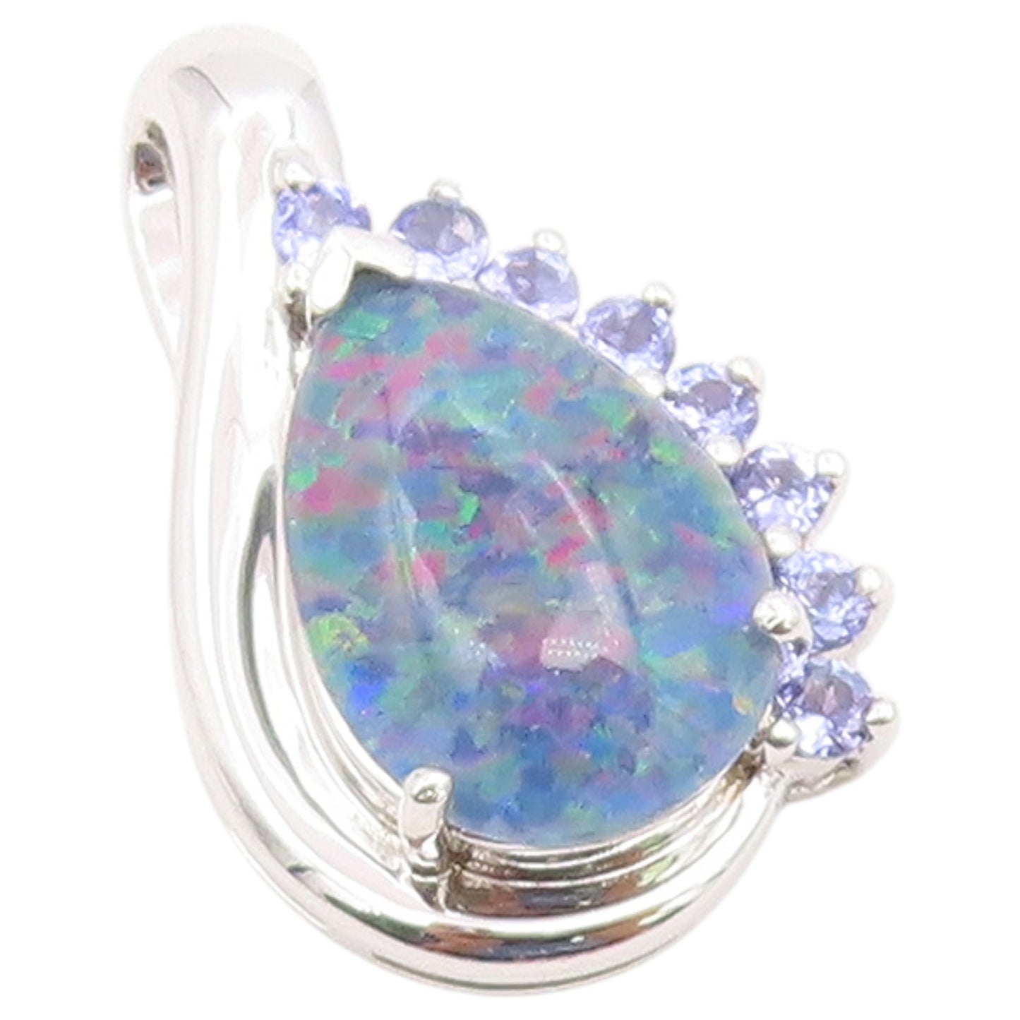 925 Sterling Silver Vintage Pendant Fire Opal & Tanzanite Teardrop  PT26590