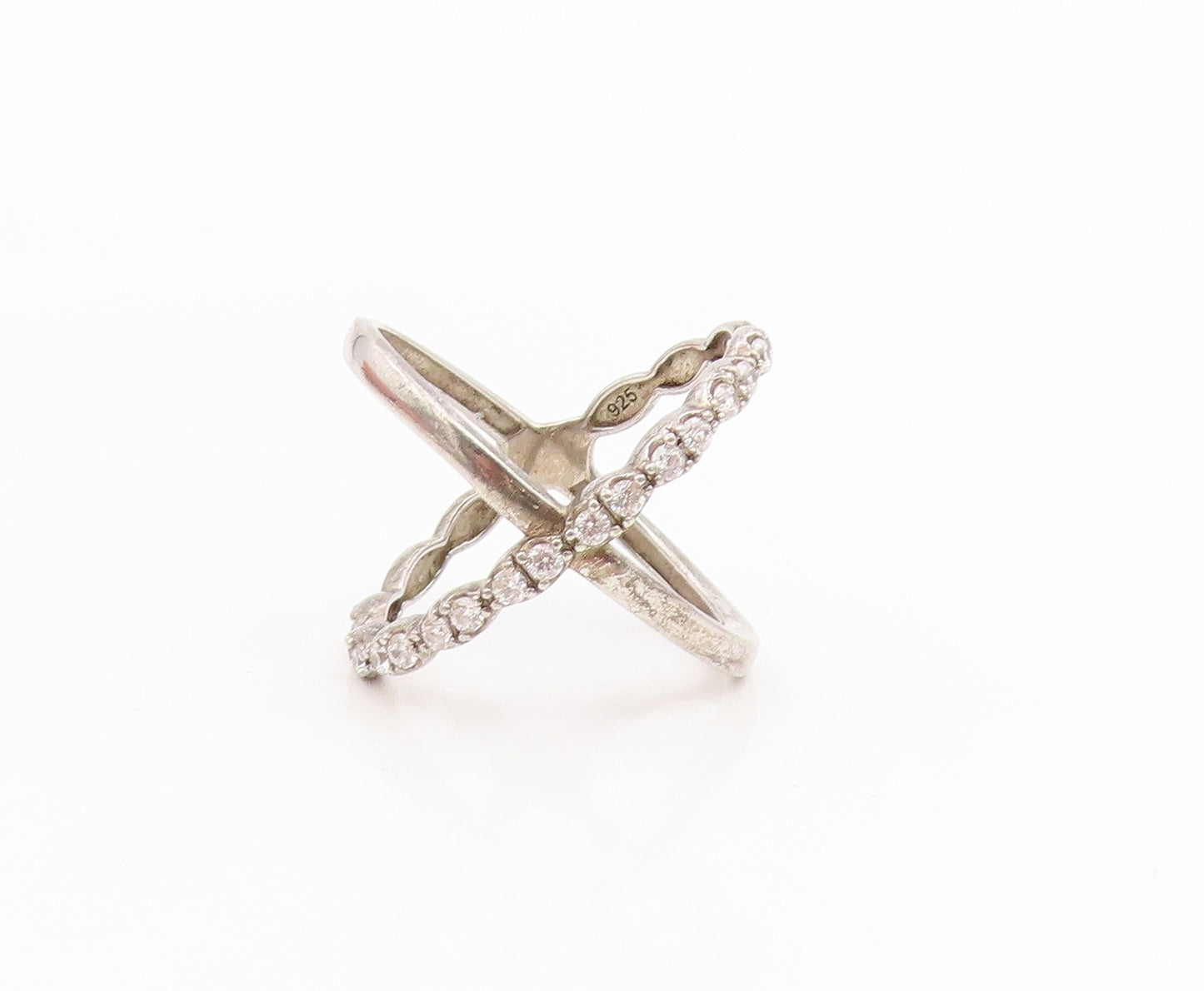 925 Sterling Silver Vintage Ring Modernist CZ Criss Cross Band  Sz 7  RG34878