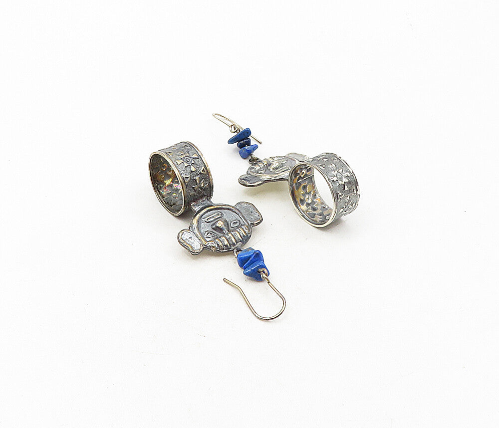 925 Sterling Silver Vintage Lapis Lazuli Traditional Face Dangle Earrings EG4647