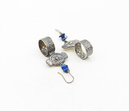 925 Sterling Silver Vintage Lapis Lazuli Traditional Face Dangle Earrings EG4647