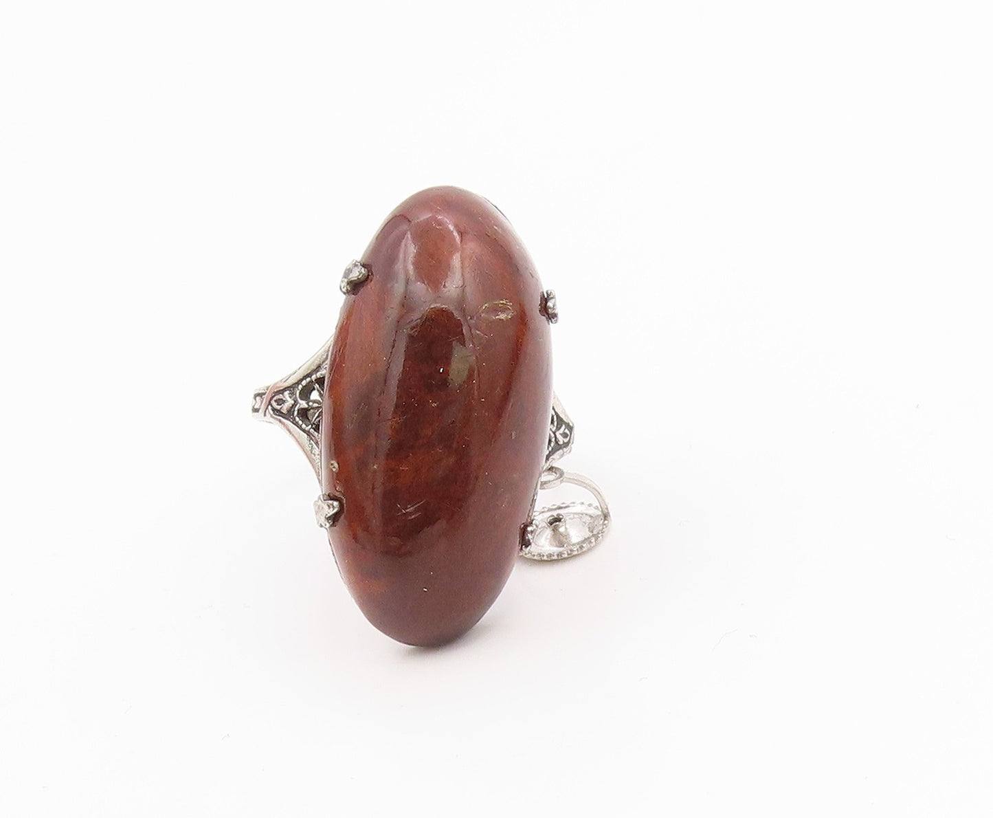 925 Sterling Silver Vintage Ring Modernist Cabochon Wooden Dome  Sz 8.5  RG35572