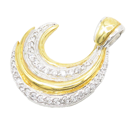 925 Sterling Silver  Cubic Zirconia Two Tone Crescent Moon Pendant  PT14159