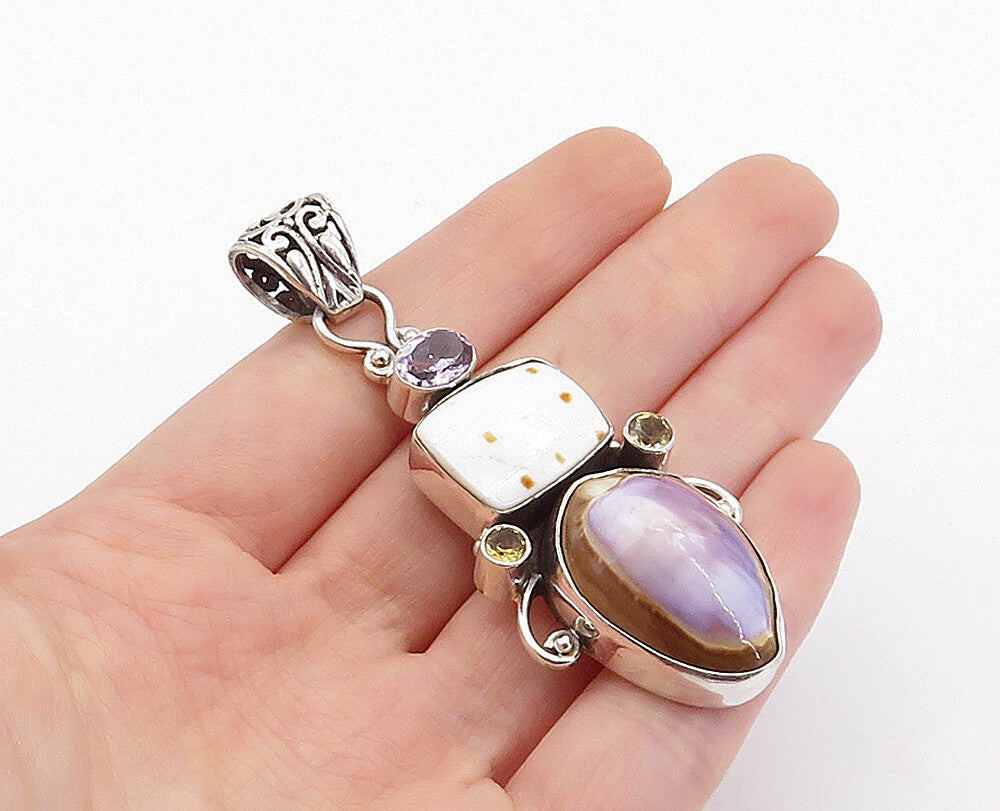 925 Sterling Silver  Vintage Cowrie & Spotted Shell & Amethyst Pendant  PT3102