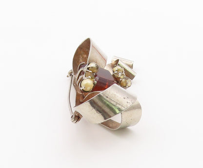 925 Sterling Silver  Vintage Citrine & Petite Pearls Ribbon Brooch Pin  BP6172