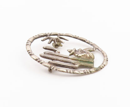 MEXICO 925 Silver  Vintage Man & Cactus Desert Scene Oval Brooch Pin  BP4729