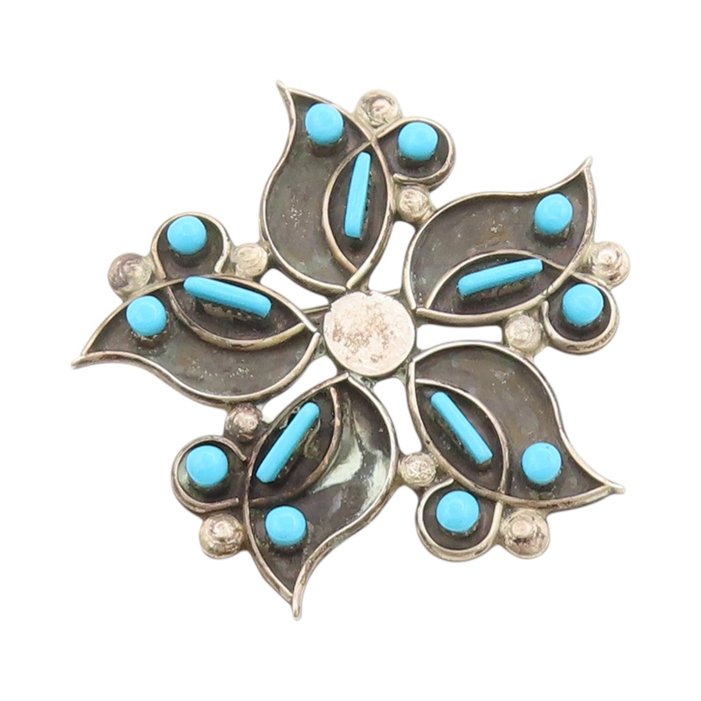 925 Sterling Silver Vintage Brooch Pin NAVAJO ZUNI Larimar Flower  BP11658