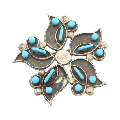 925 Sterling Silver Vintage Brooch Pin NAVAJO ZUNI Larimar Flower  BP11658