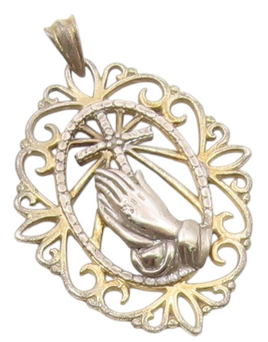 925 Sterling Silver  Vintage Two Tone Prayer Hands & Cross Pendant  PT17794