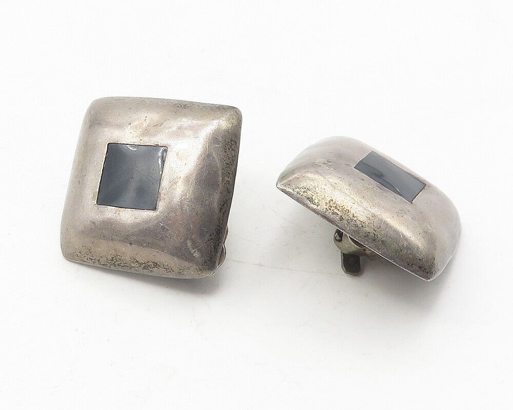 925 Sterling Silver  Vintage Inlaid Black Onyx Non Pierce Earrings  EG6019